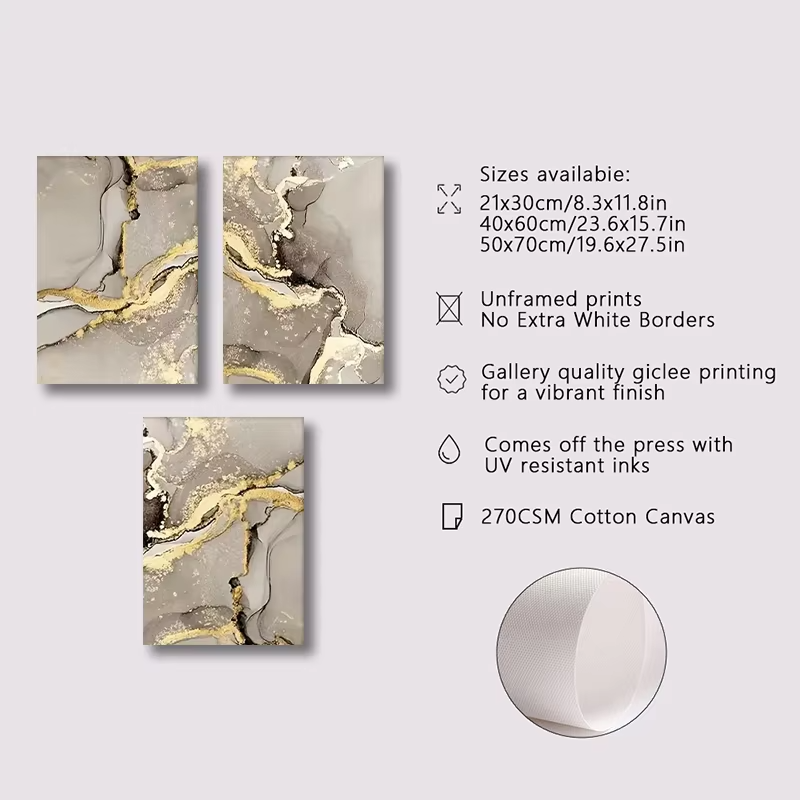 Atlantic 3pcs Marble Beige Golden Abstract Wall Art Set