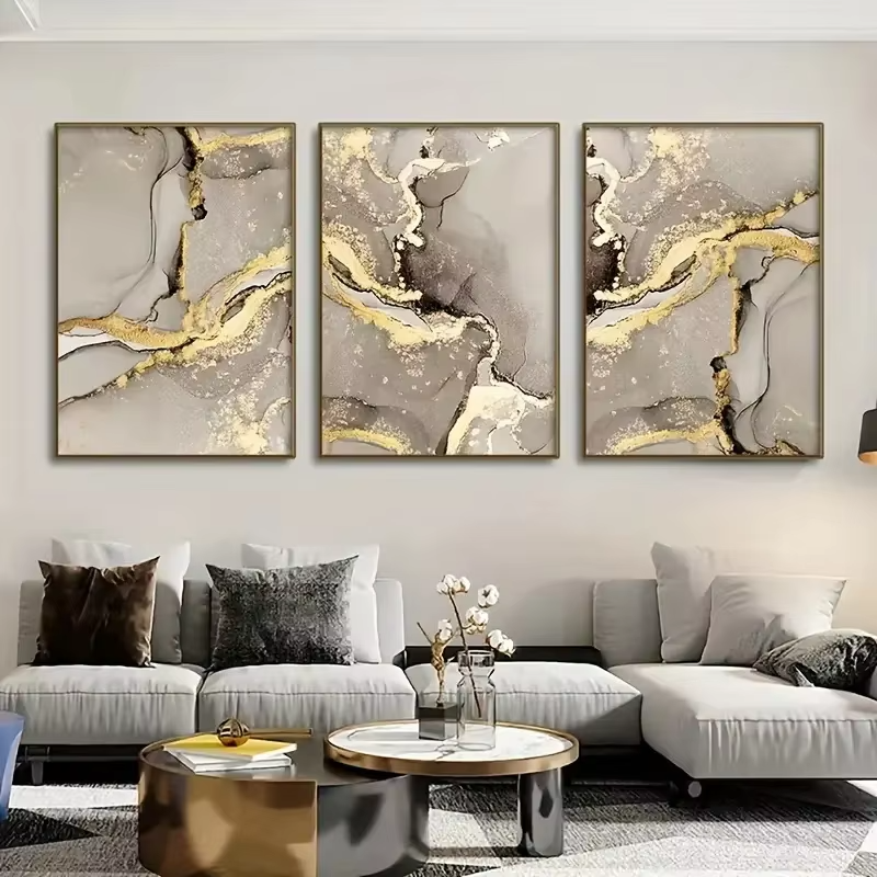 Atlantic 3pcs Marble Beige Golden Abstract Wall Art Set