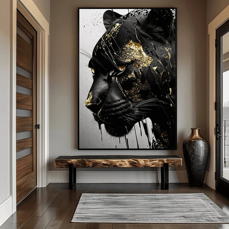 Black and Gold Panther Abstract Wall Art Posters and Prints Canvas Painting Wall Pictures