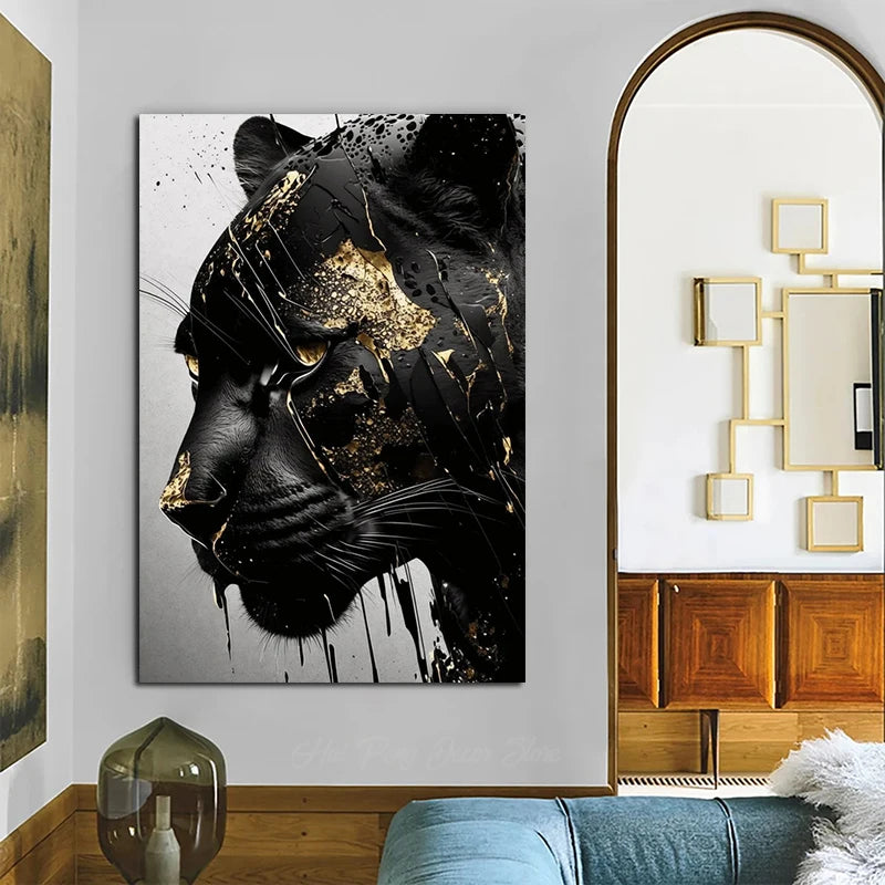 Black and Gold Panther Abstract Wall Art Posters and Prints Canvas Painting Wall Pictures