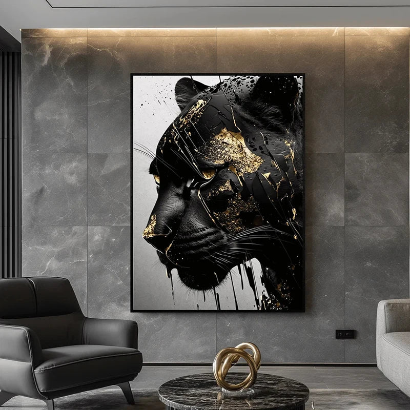 Black and Gold Panther Abstract Wall Art Posters and Prints Canvas Painting Wall Pictures