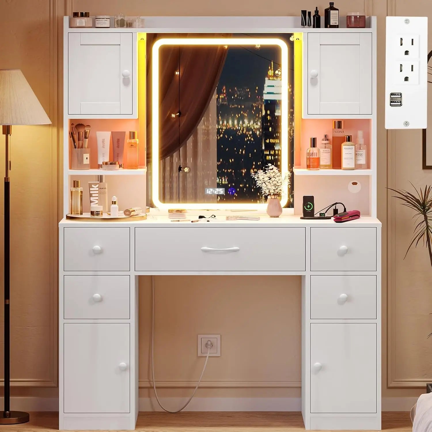 Covington Dressing Table with LED Lights & Storage