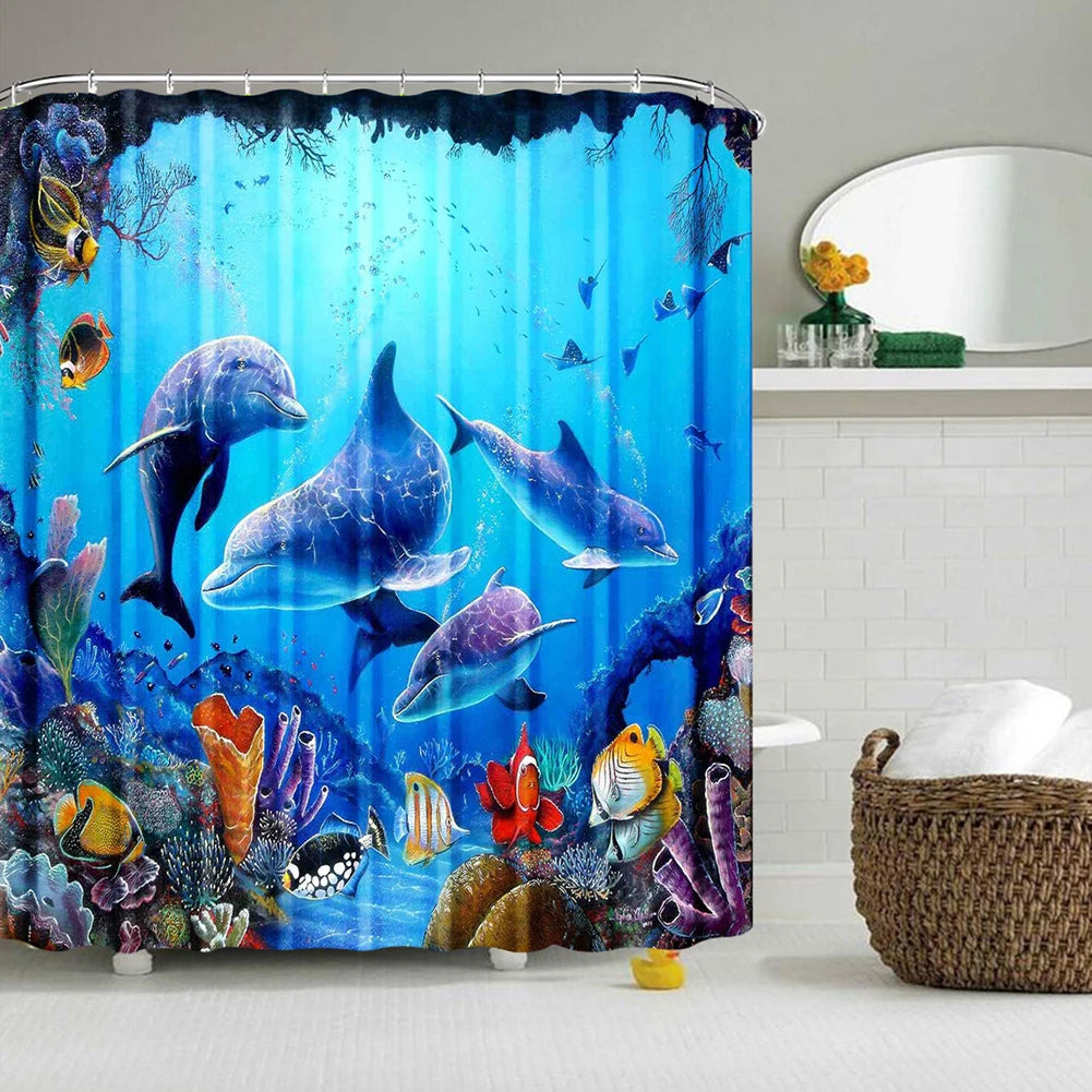 Humpie Dolphin Ocean Theme Shower Curtain Set with Hooks