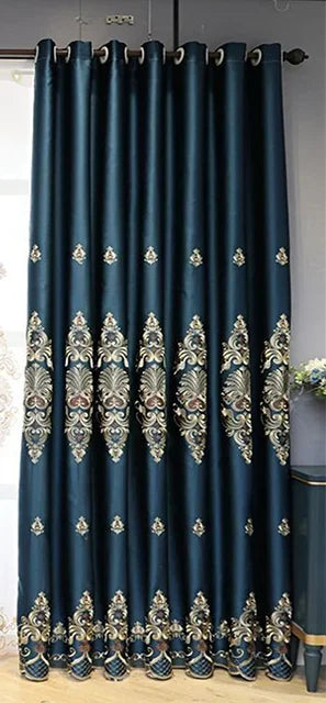 Mulholland Luxury Blue Embroidered Blackout Curtains - 2PC