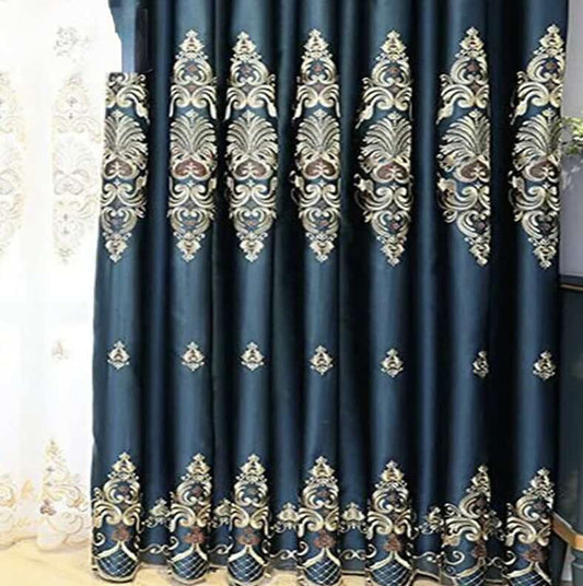 Mulholland Luxury Blue Embroidered Blackout Curtains - 2PC