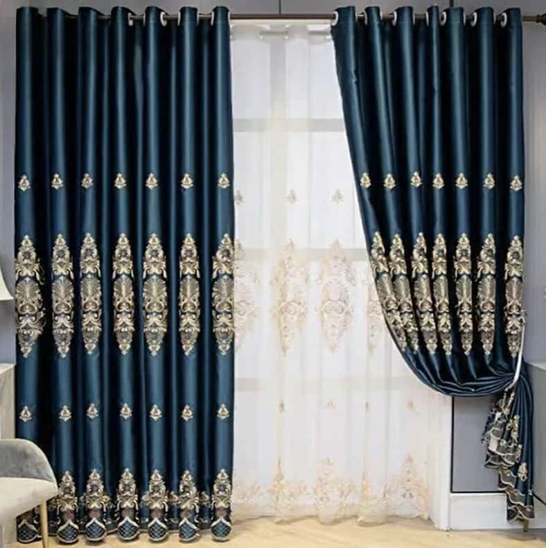 Mulholland Luxury Blue Embroidered Blackout Curtains - 2PC