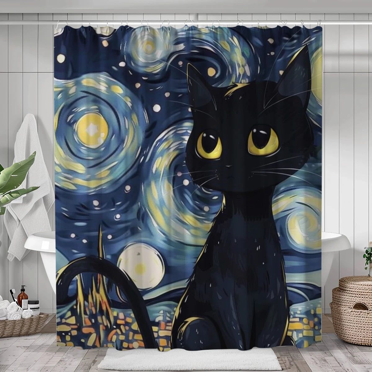 Starry Moon Night Cat Shower Curtain - Waterproof Polyester