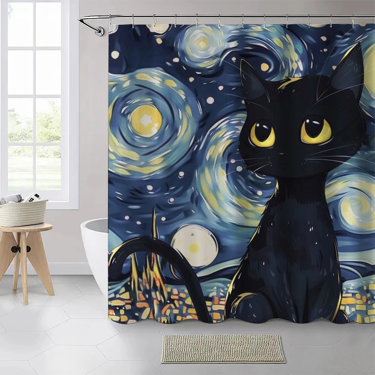 Starry Moon Night Cat Shower Curtain - Waterproof Polyester