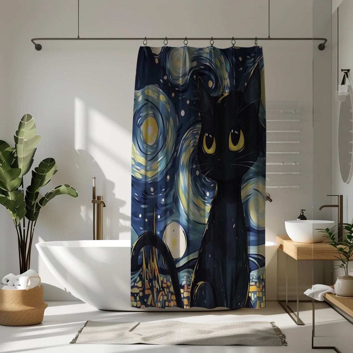 Starry Moon Night Cat Shower Curtain - Waterproof Polyester