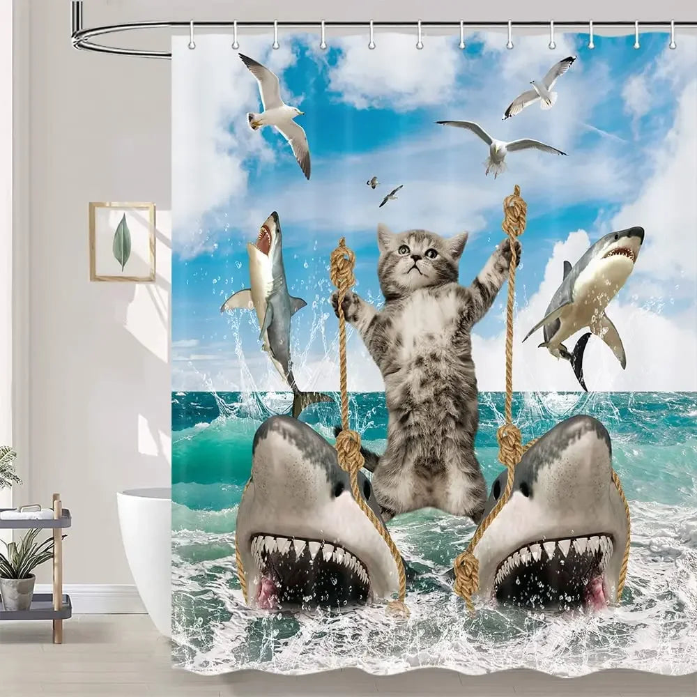 Whimsical Cat Riding Shark Shower Curtain Set