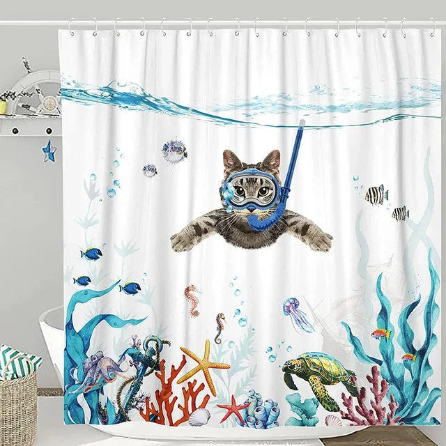 Whimsical Cat Riding Shark Shower Curtain Set