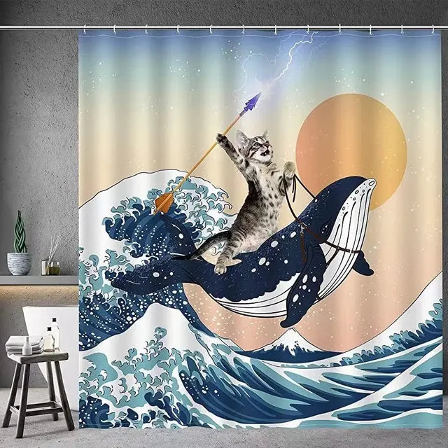 Whimsical Cat Riding Shark Shower Curtain Set