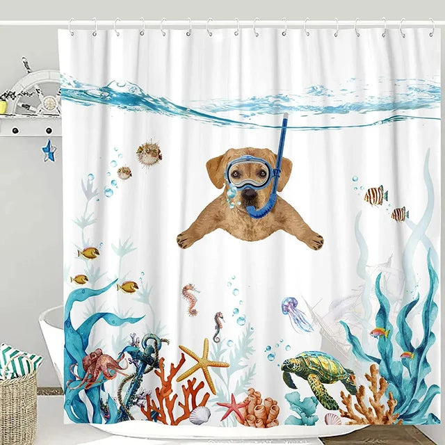 Whimsical Cat Riding Shark Shower Curtain Set