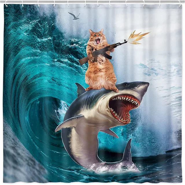 Whimsical Cat Riding Shark Shower Curtain Set