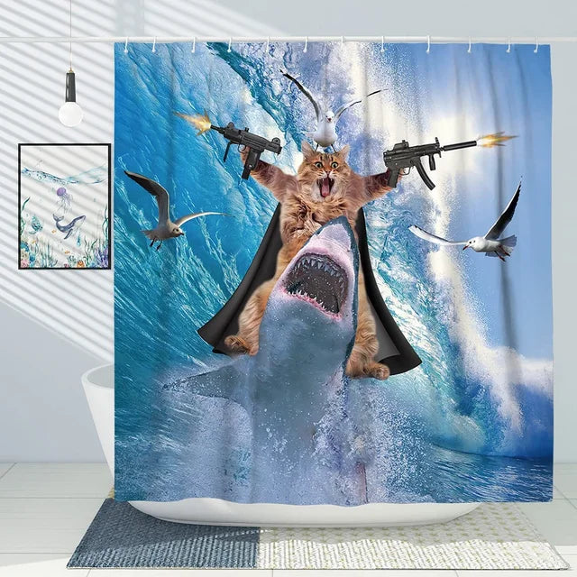 Whimsical Cat Riding Shark Shower Curtain Set