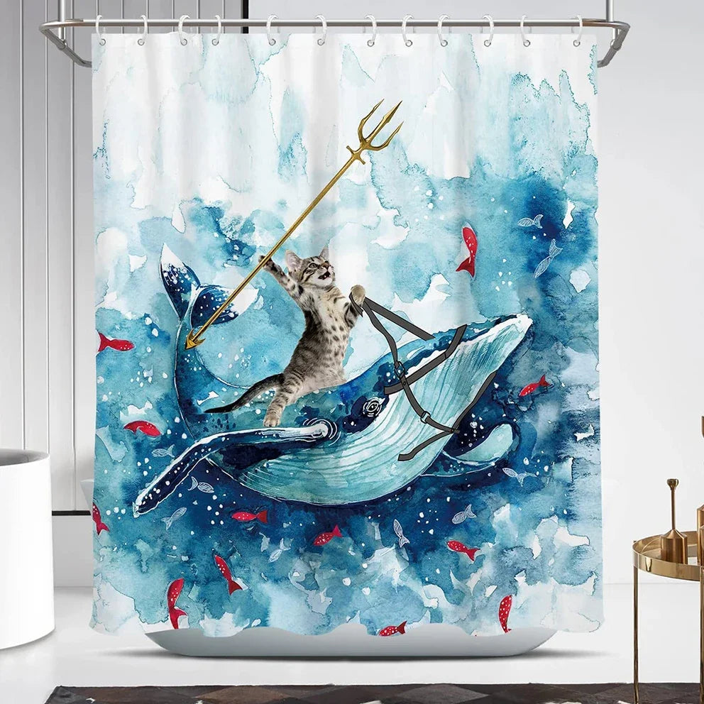 Whimsical Cat Riding Shark Shower Curtain Set